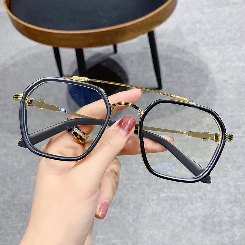 Double Beam Retro Square Frame Myopia Anti Blue Light Glasses - Blue