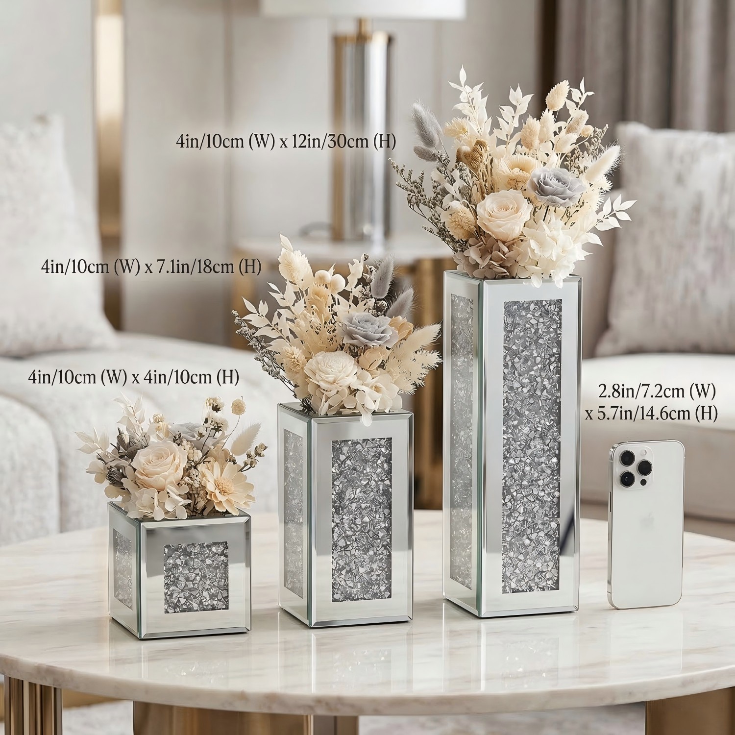Square Crushed Diamond Mirrored Vase Set Of 3, Silver Sparkly Crystal Glass Decorative Flower Vase, Luxury Table Centerpiece For Home Living Room Wedding Decor 6
