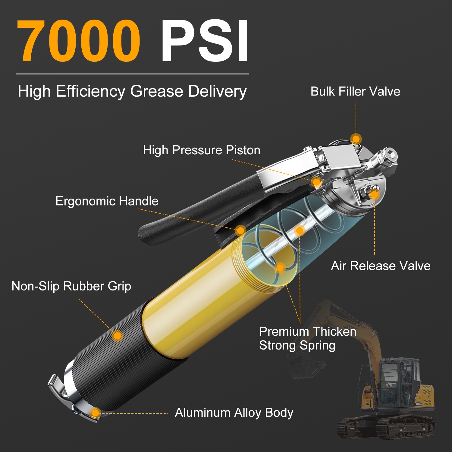 1Pc Grease Gun Kit Fit For 14 Oz Grease Tube 7000 PSI High Pressure Pistol Grip Grease Gun With Lock Coupler 11in Spring Flex Hose Jaw Couplers Sharp Nozzles