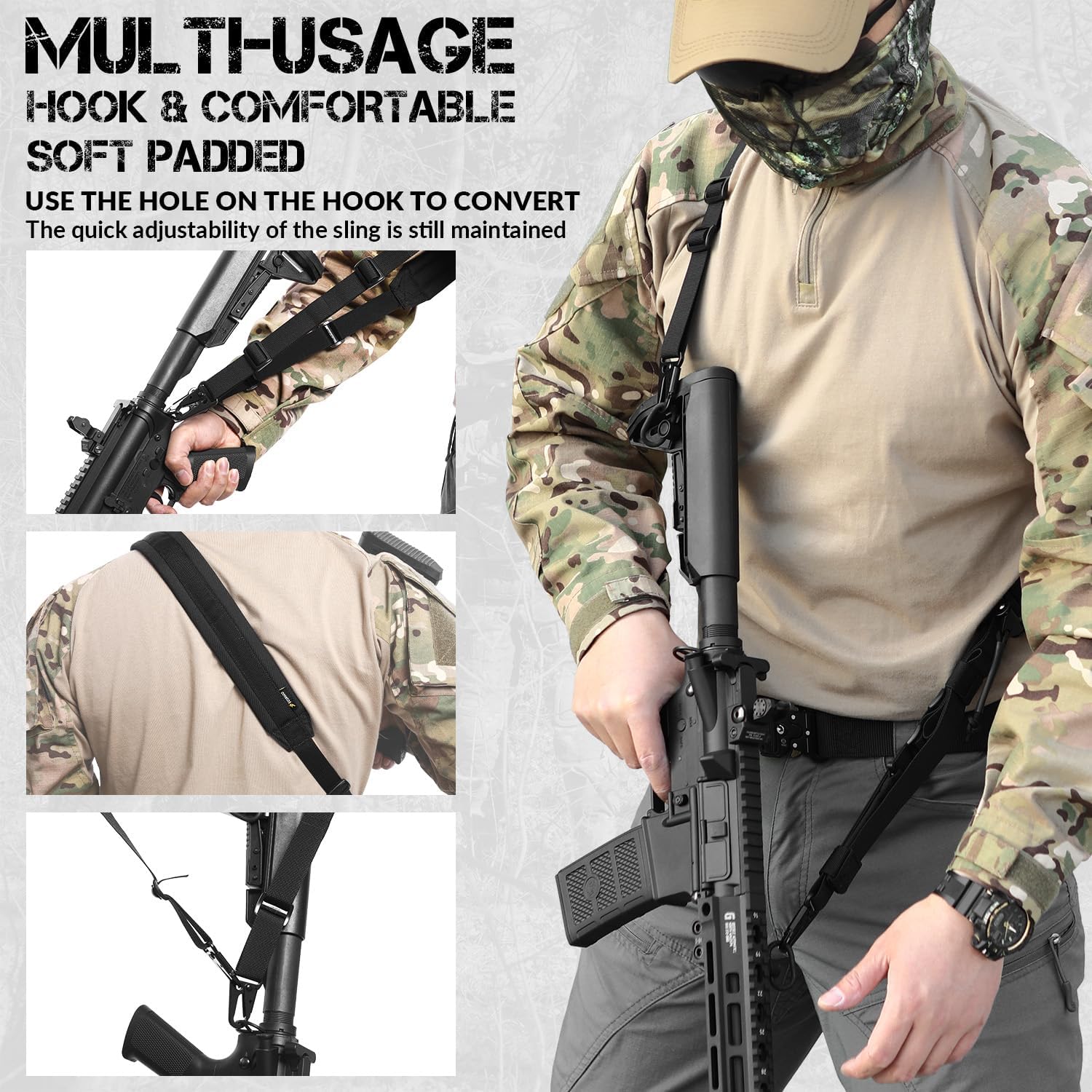 Quick Adjust 2 Point Gun Sling. Multi-Option Install & Sling Management: This rifle sling comes with 2 QD swivels and 2 HK HOOK and a sling management retention device and a sling ring. The sling swivels allow for easy installation to the barrel and butts