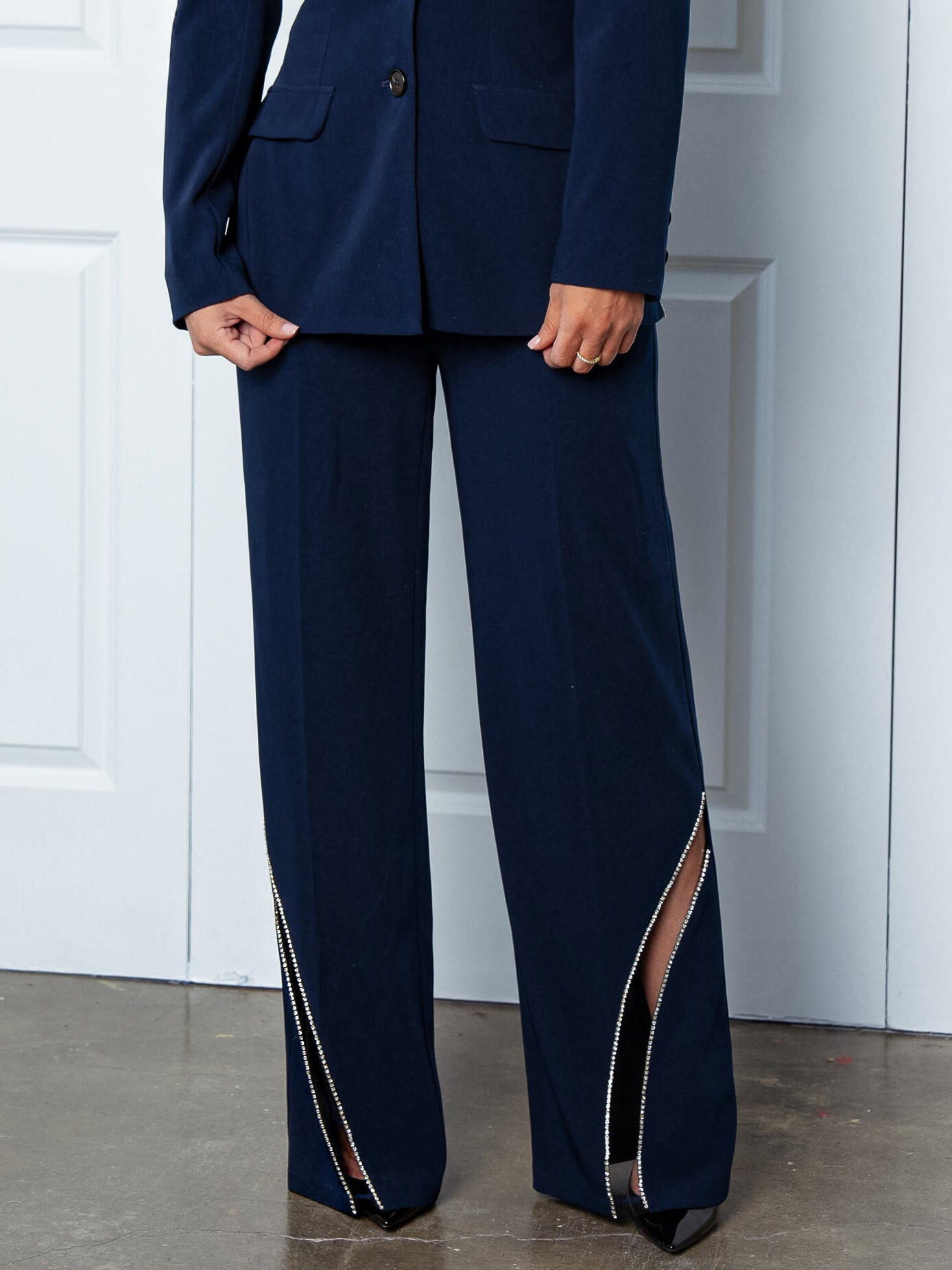Elegant Patchwork High waist Pants Navy - Shop at LoveMi
