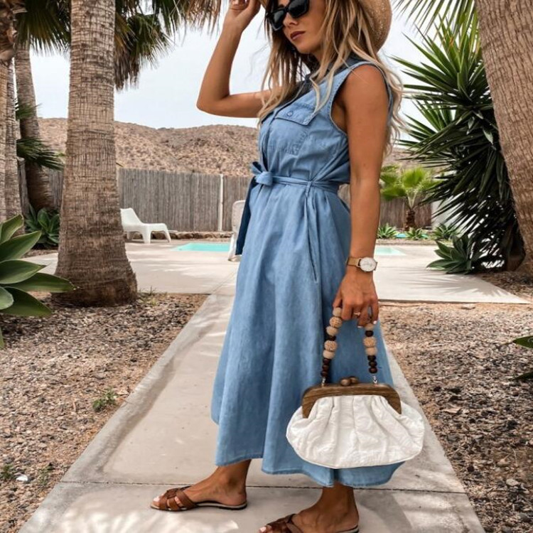 Sleeveless long lace-up single-breasted denim dress