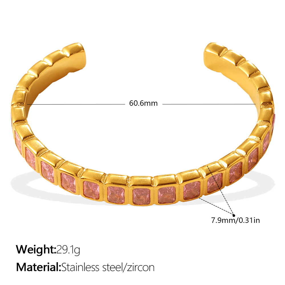 Light Luxury Vintage Style Open Bracelet With Multi-color Zircon, Stainless Steel, Stackable And Versatile C-shaped Bracelet. — view 4