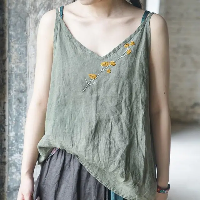 Pure Cotton And Linen Summer New Vintage Solid Color Embroidered Vest Green - Shop at LoveMi