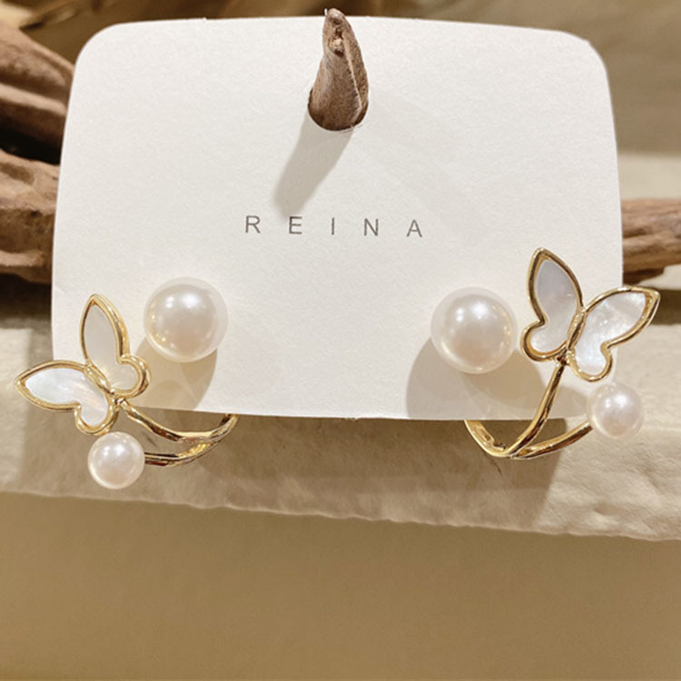 Title 3, S925 Silver Needle Butterfly Pearl Earrings