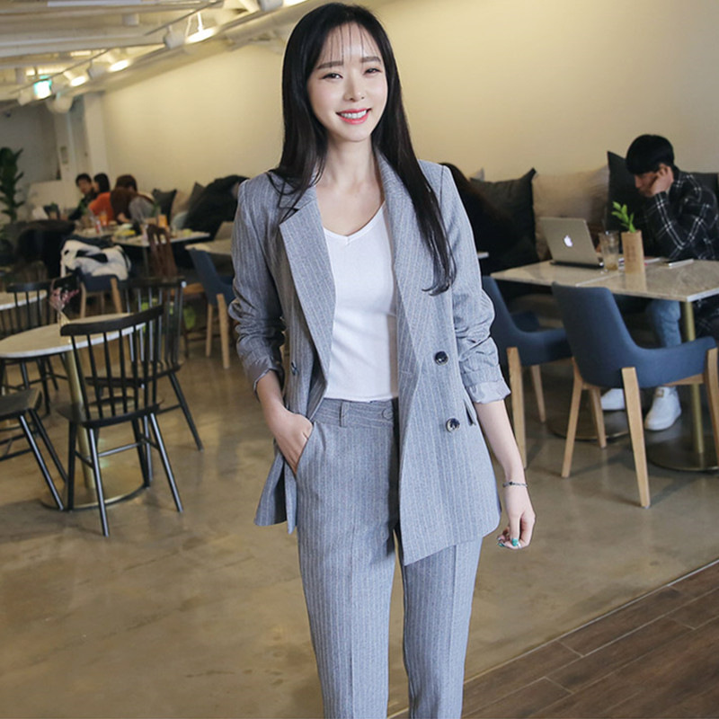 Women'S Small Suit Fashion Temperament Korean Style Slim And Thin Striped Suit Two-Piece Suit