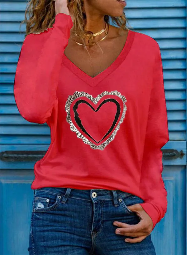 Heart Pattern Printing V neck Long sleeved All match Female T shirt Bottoming Shirt Red - Shop at LoveMi