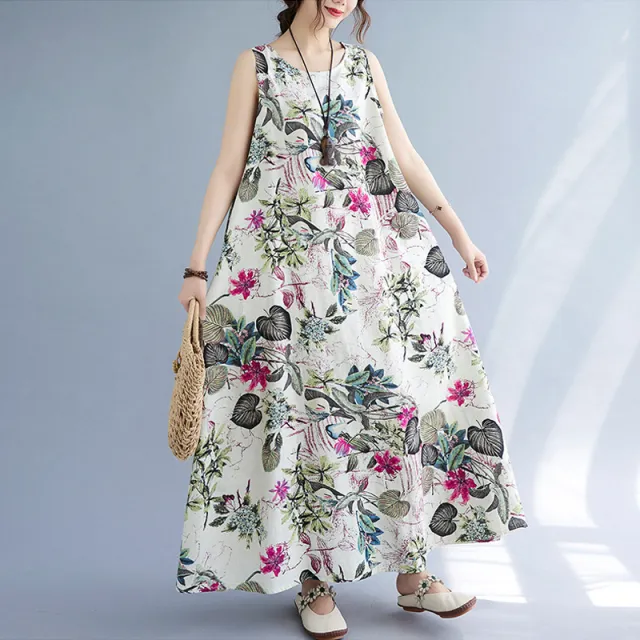 Printed Cotton Linen Round Neck Sleeveless Dress Women's Rose Red - Shop at LoveMi