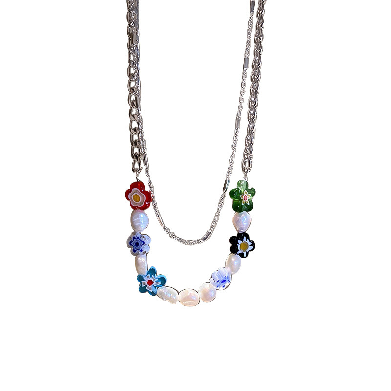 Fashionable Colorful Flower Freshwater Pearl Necklace Silver - Shop at LoveMi