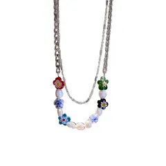 Fashionable Colourful Flower Freshwater Pearl Necklace - Silver - View 1