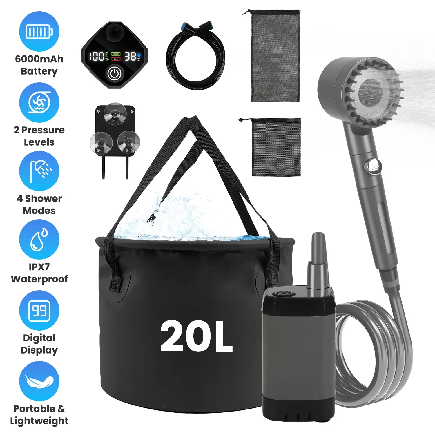 1Pc Portable Shower For Camping Include IPX7 Waterproof 6000mAh Rechargeable Shower Filtered Shower Head 5.3Gallon Foldable Bucket For Hiking Beach Travel Car P