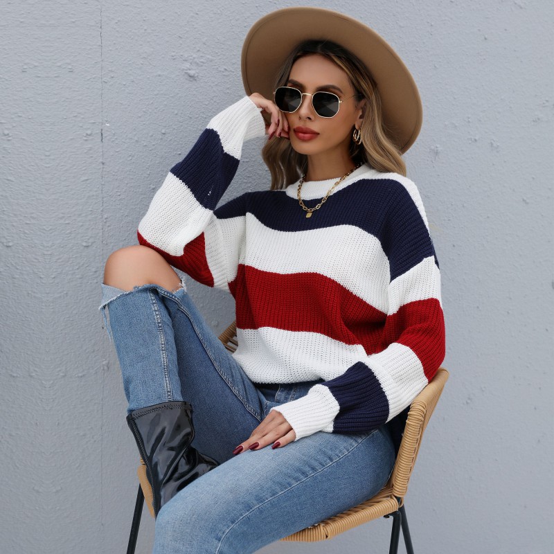 European And American Contrast Striped Long-sleeved Round Neck Sweater Pullover Top