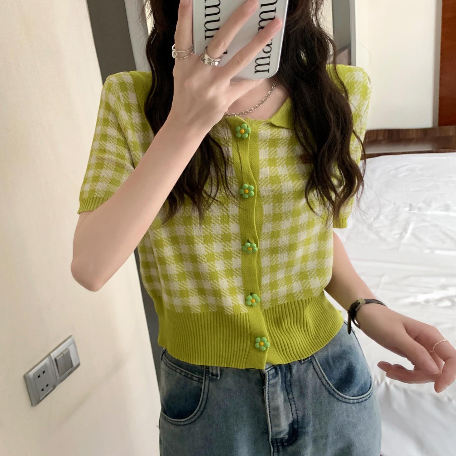 Gentle Little Fragrance All-match Plaid Short-sleeved Sweater