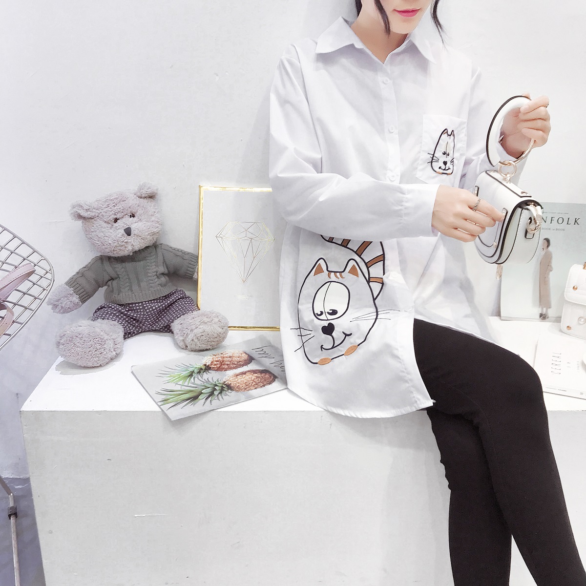 Harajuku Embroidery White Cotton Shirt Vintage