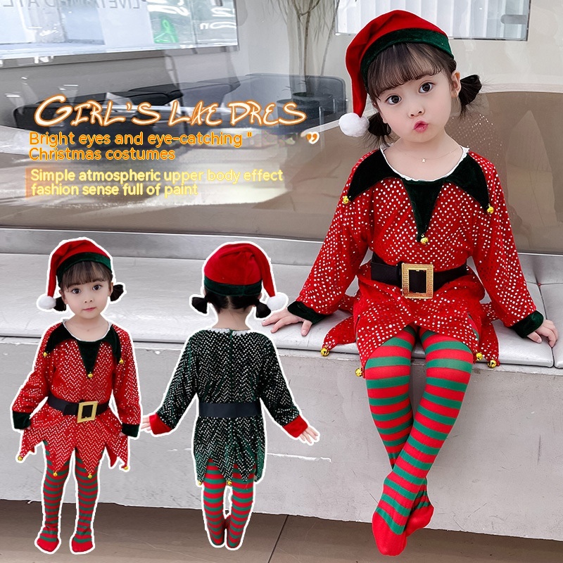 Children's Elf Sequins Dress Christmas Theme Suit