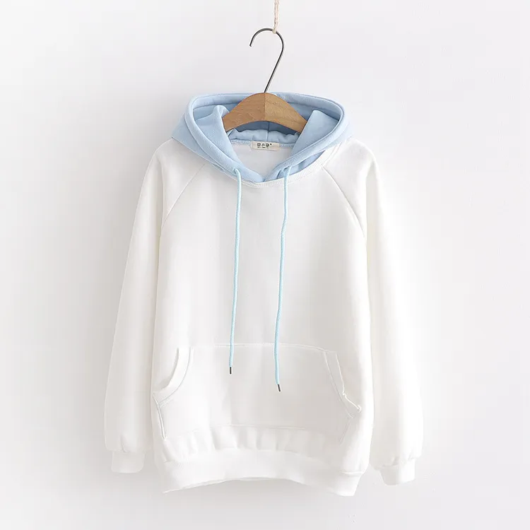Long-sleeved Color-blocking Hooded Sweater Women's Jacket Plus Velvet Sweater - White