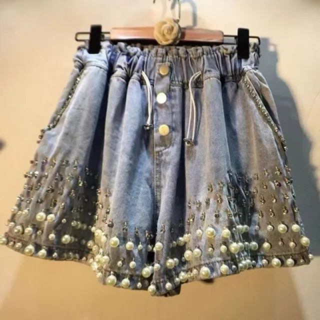 Heavy Industry Diamond studded High waisted Wide leg Denim Shorts Blue - Shop at LoveMi