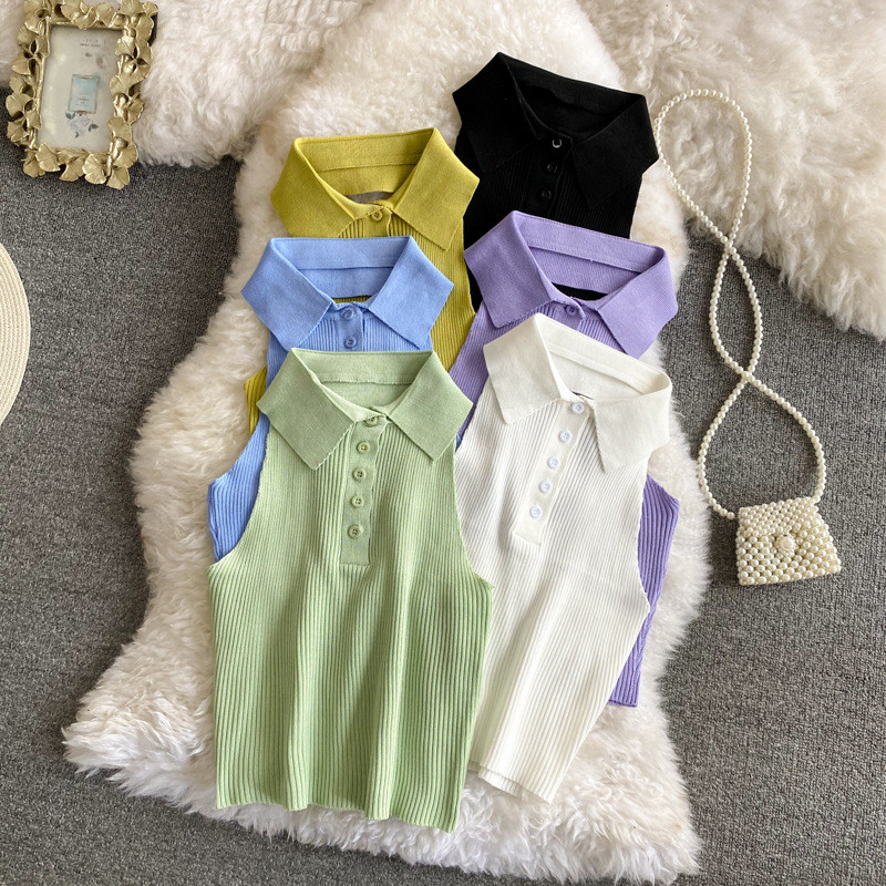 Pure Color Polo Collar Halter White Camisole