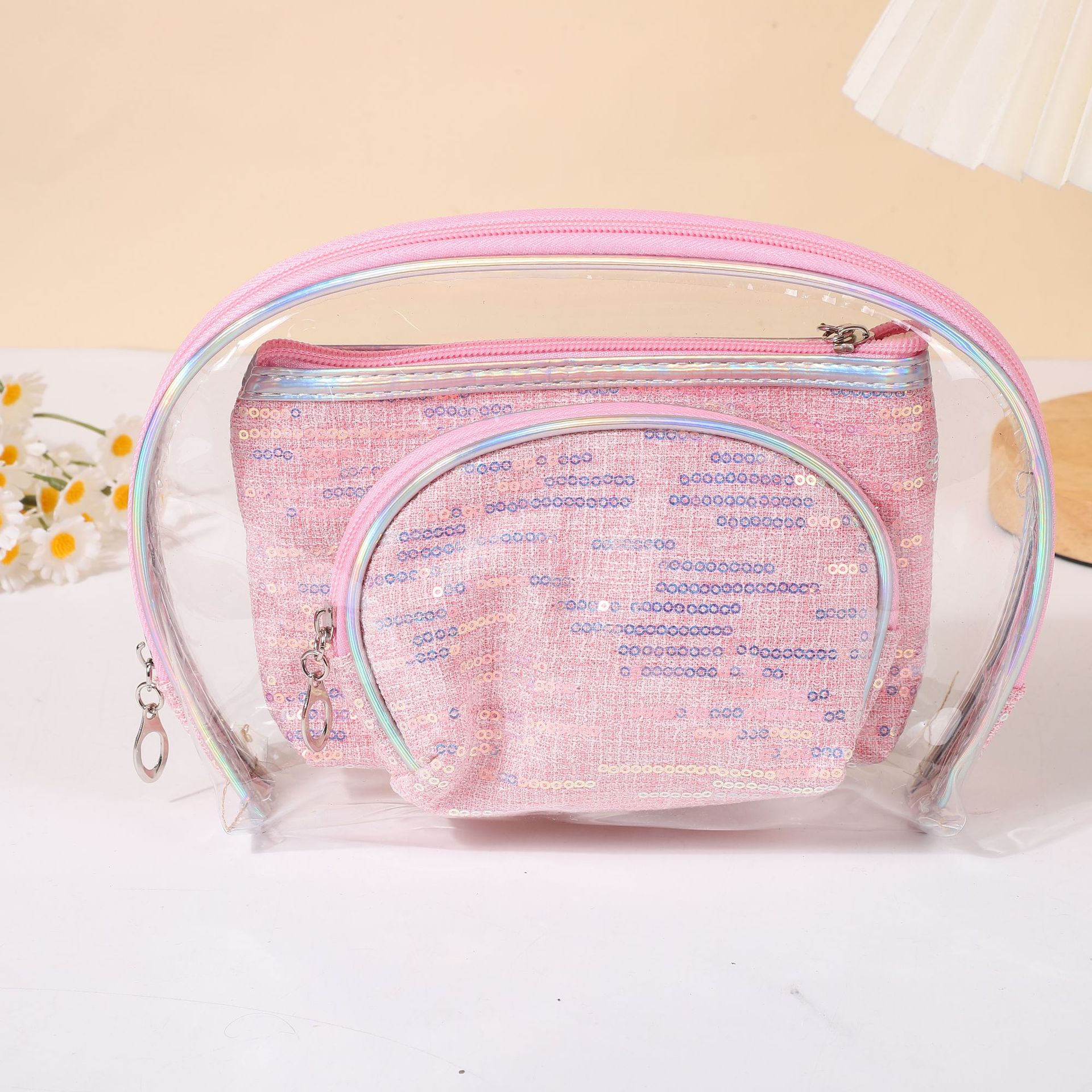 Makeup Bag, Hand-held Bag, Three Piece Set, Transparent PVC, Large Capacity, Waterproof, Portable, Travel Grooming Bag, Glitter