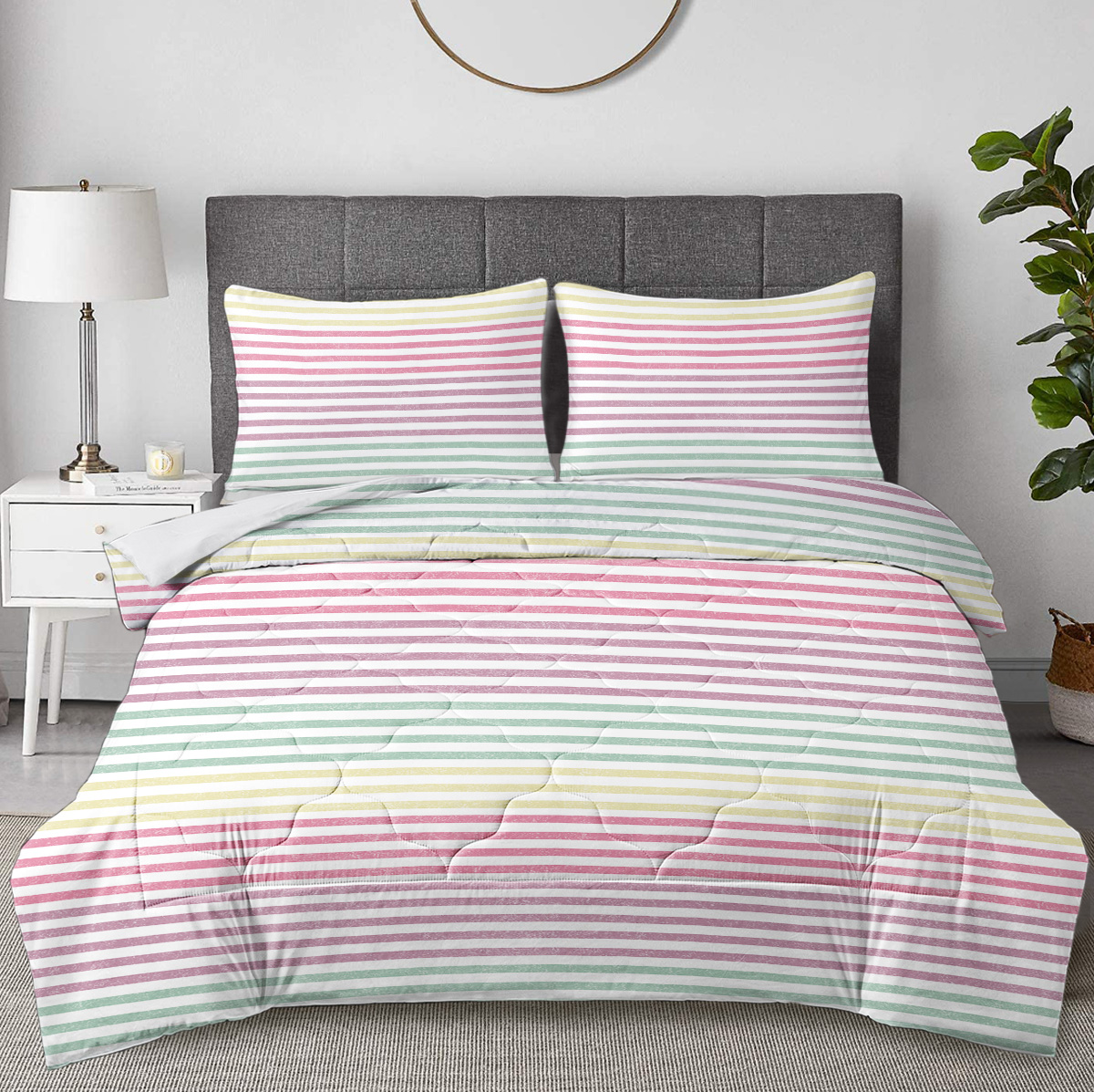 Striped Comforter Set Full Size, Rainbow Comforter Bedding Set Pink Yellow Green Purple 3 Piece, 1 Comforter A