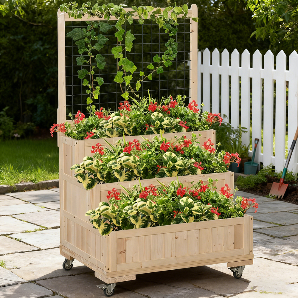 3-Tiers Raised Garden Bed With Trellis, 53'' H Vertical Planter Box With Wheels & Back Storage Area, For Flowers, Vegetables, Herbs, Natural, TIKTOK Prohibits Sales - Image 1