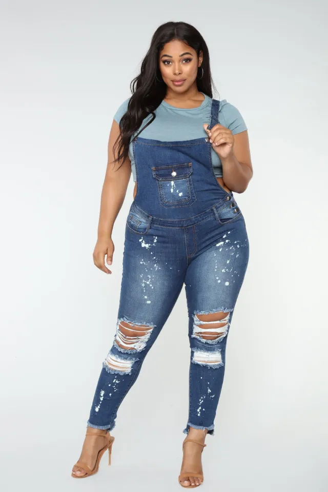 European And American Plus Size Elastic Ripped Overalls Light Blue - Shop at LoveMi