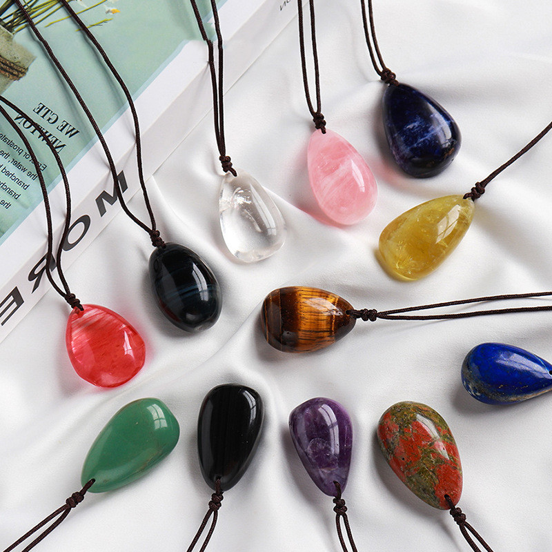 Natural Crystal Raw Stone Polished Teardrop Pendant Necklace