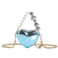 Mini Love-shape Pearls Handbag Fashion Cute Chain Lipstick Bag Women's Bright Candy Color Shoulder Messenger Bag - Blue - View 1