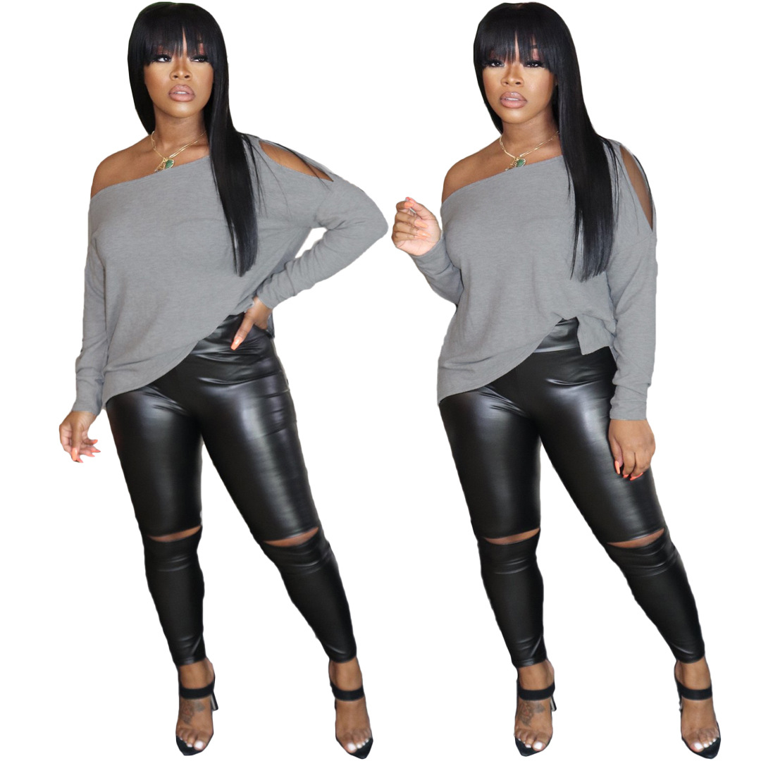 Solid Color Off-shoulder Casual Loose Slit T-shirt