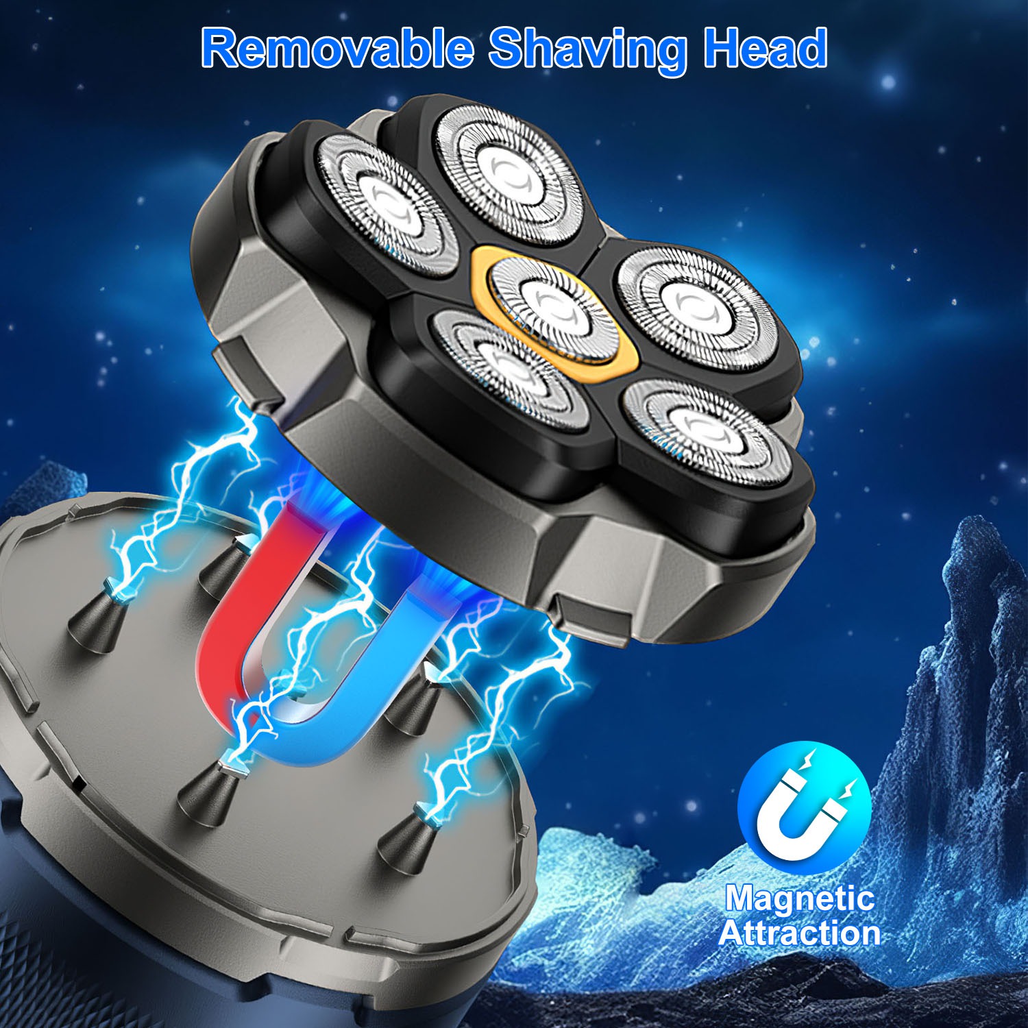 1Pc  Cordless Electric Head Shaver For Men 6D Magnetic Floating Head IPX6 Waterproof Wet Dry Shaving Electric Razor Type-C Rechargeable Trimmer With LED Digital Display For Bald Man