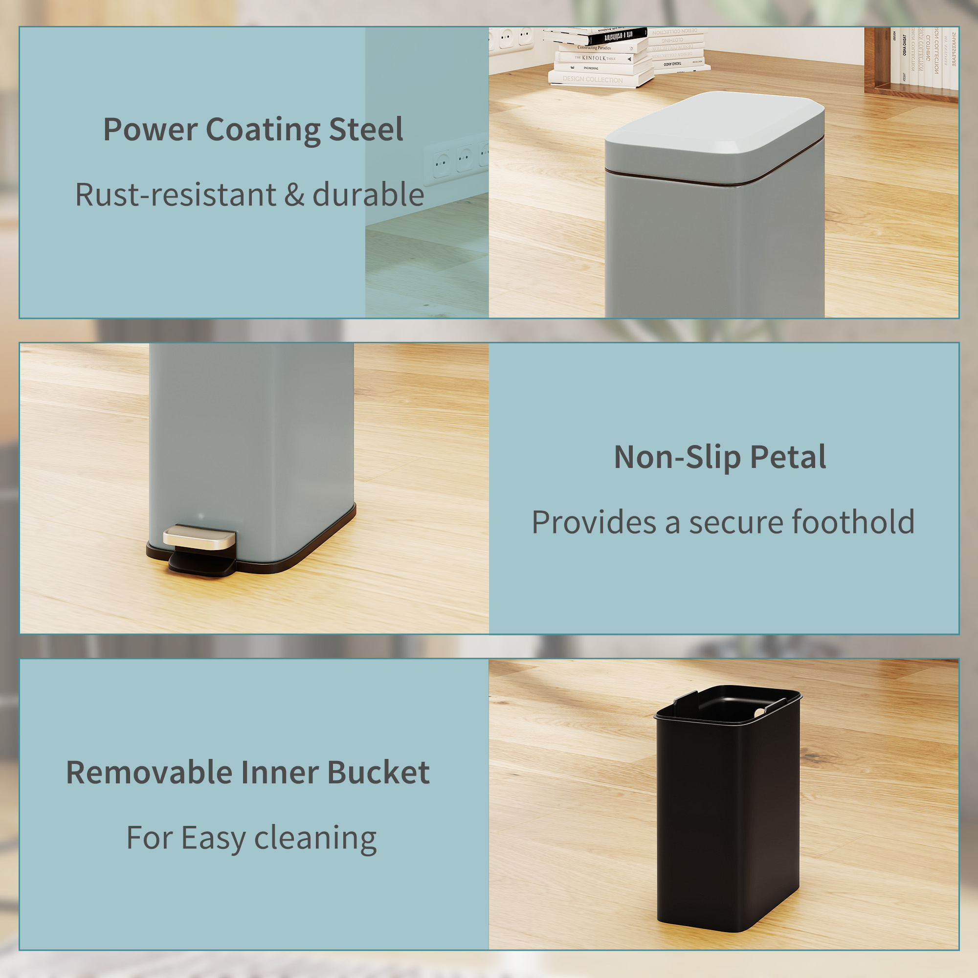 5-liter Rectangular Compact Garbage Bin, Steel Body, Detachable Silent — image 5