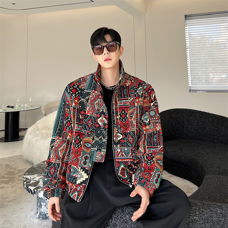 Embroidered Jacquard Stand Collar Loose Coat — image 1