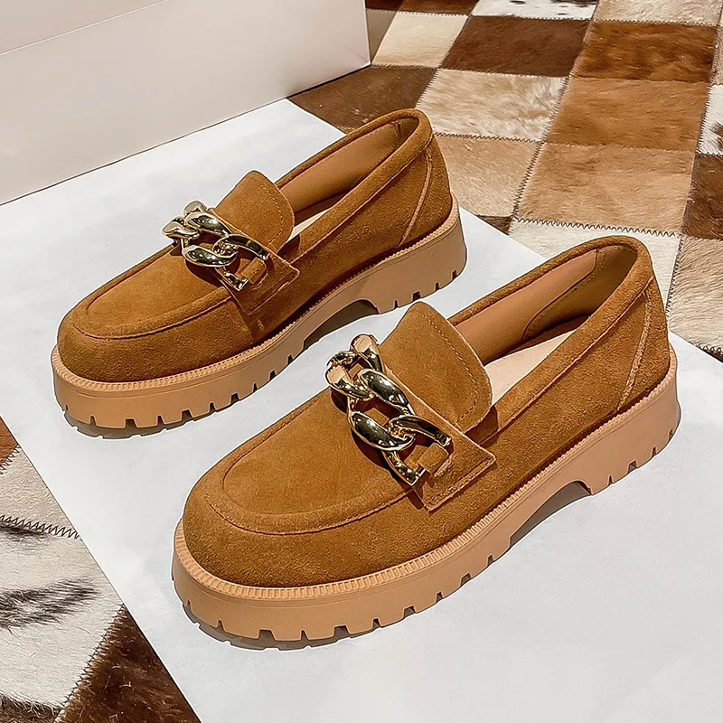 Women's Leather Slip-on Platform Loafers - Khaki
