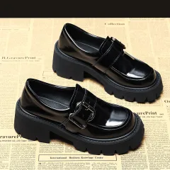 Platform Mary Janes With Belt Buckle - Black - View 1