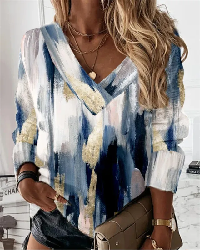 Women's Geometric Floral V neck Long Sleeve Loose Sweater Blue - Shop at LoveMi