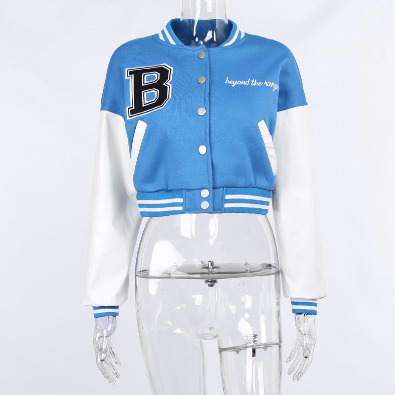 Women's Single-breasted Slim Stitching Long-sleeved Baseball Uniform Jacket - Image 3