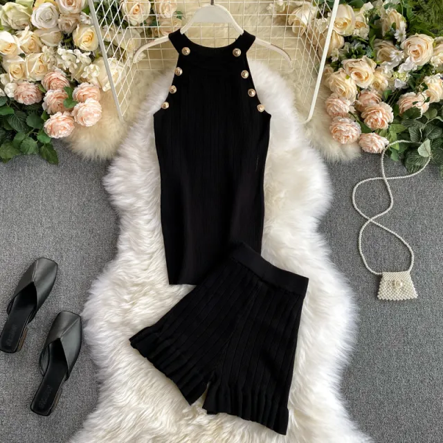 Short Waist Trousers Camisole Vest Off the shoulder Sling All match High knit Suit Black - Shop at LoveMi