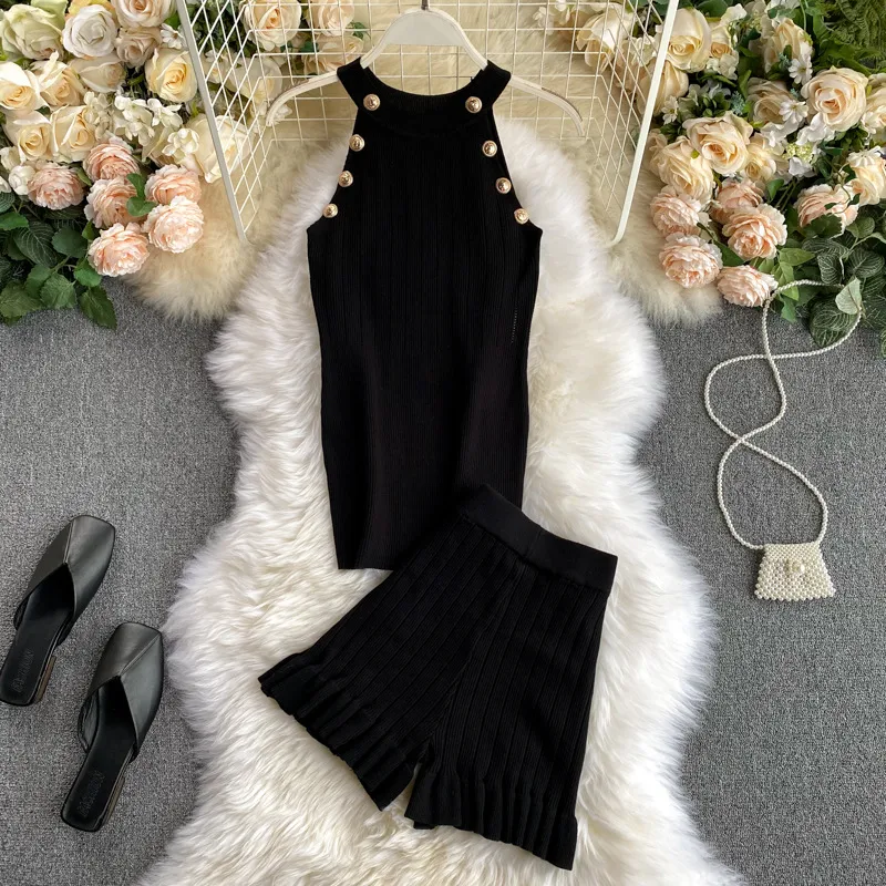 Short Waist Trousers Camisole Vest Off-the-shoulder Sling All-match High-knit Suit - Black