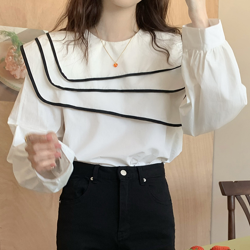 Women's Fashion Contrast Covered Three Layer Navy Collar Long Sleeve Shirt