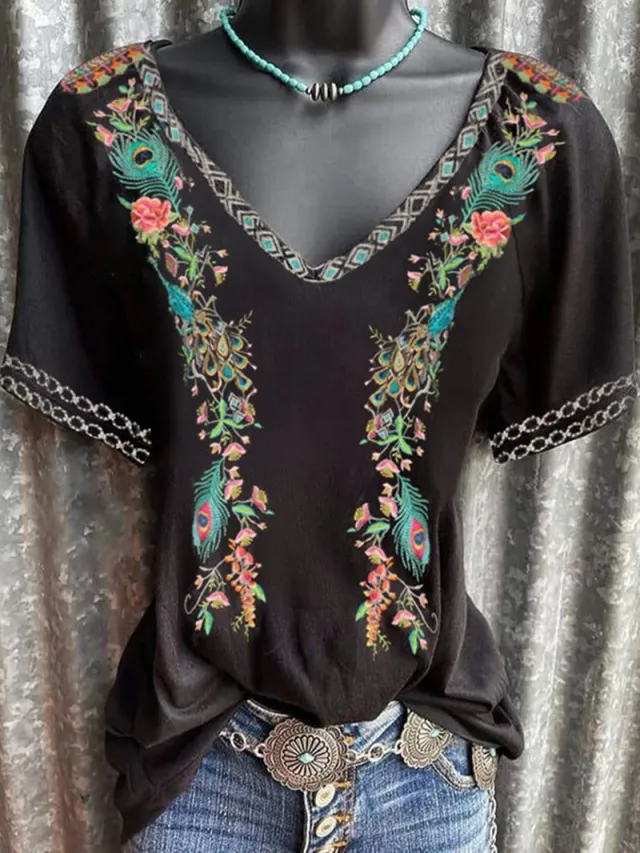 Women's Bohemian Print V Neck Casual Short Sleeve T Shirt 6Style - Shop at LoveMi