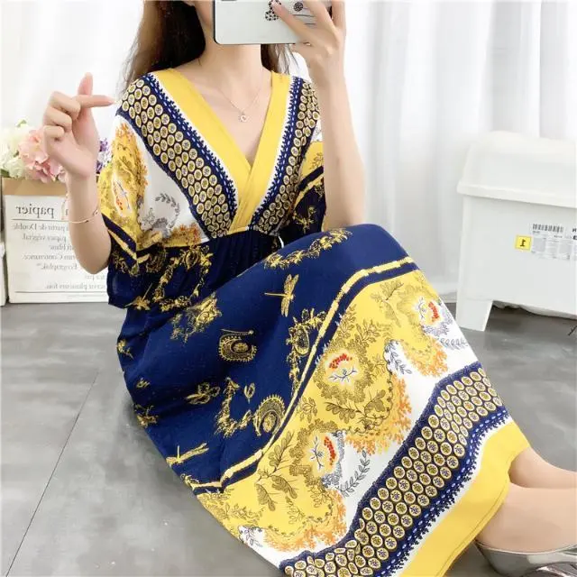 Women's Seaside Holiday Cotton Silk Dress Ethnic Style C 3Xl - Shop at LoveMi
