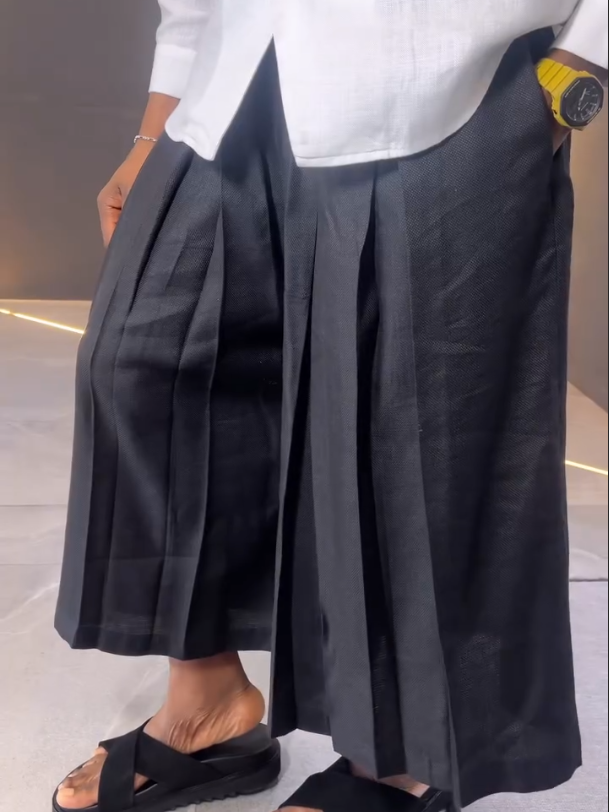 White Asymmetric - Front Long - Sleeve Shirt And Black Pleated Pants Set