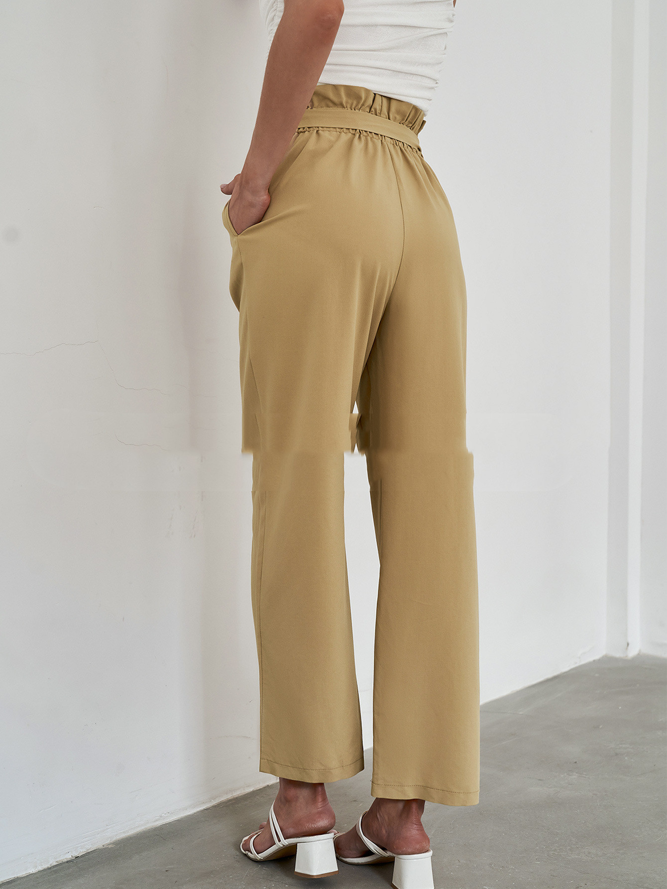 Title 5, High Waist Straight Tube Trousers Cotton Beltle...