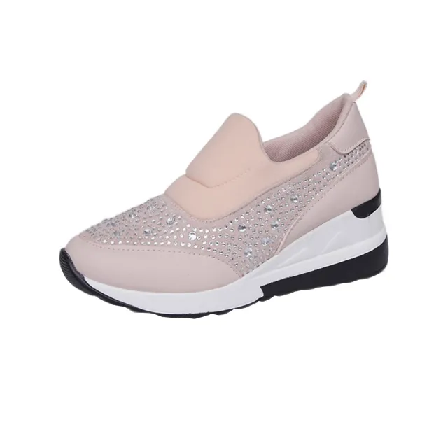 Rhinestone Wedges Flats Shoes Women Inner Height Increasing Shoes Sneakers Pink - Shop at LoveMi