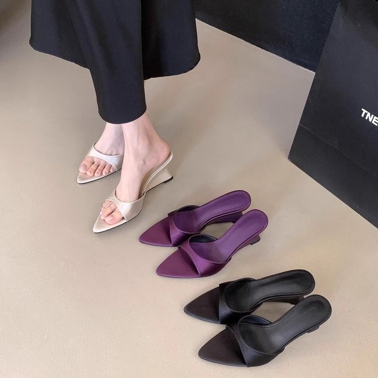 2026 New Summer French Open Toe Slide Sandals, 7cm Wedge Heel Pointed Toe One Strap Outdoor Slippers