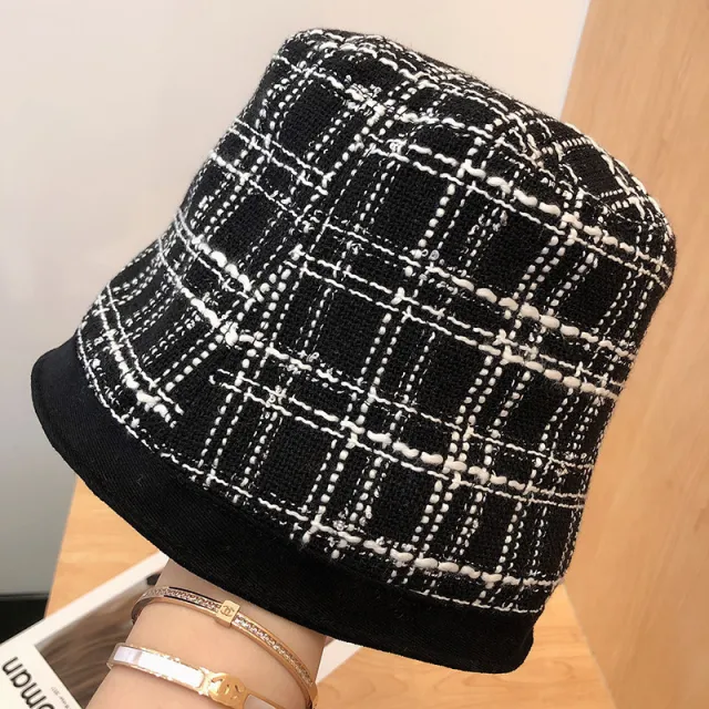 Double sided Wearing Temperament Basin Hat Jacquard Lattice Bucket Hat Women Black - Shop at LoveMi