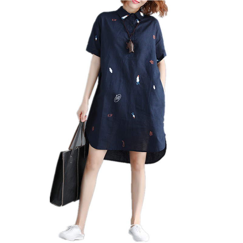 Literature And Art Loose Cotton And Hemp Printing Lapel Short Sleeve Dress Women's Medium And Long Shirt Skirt
