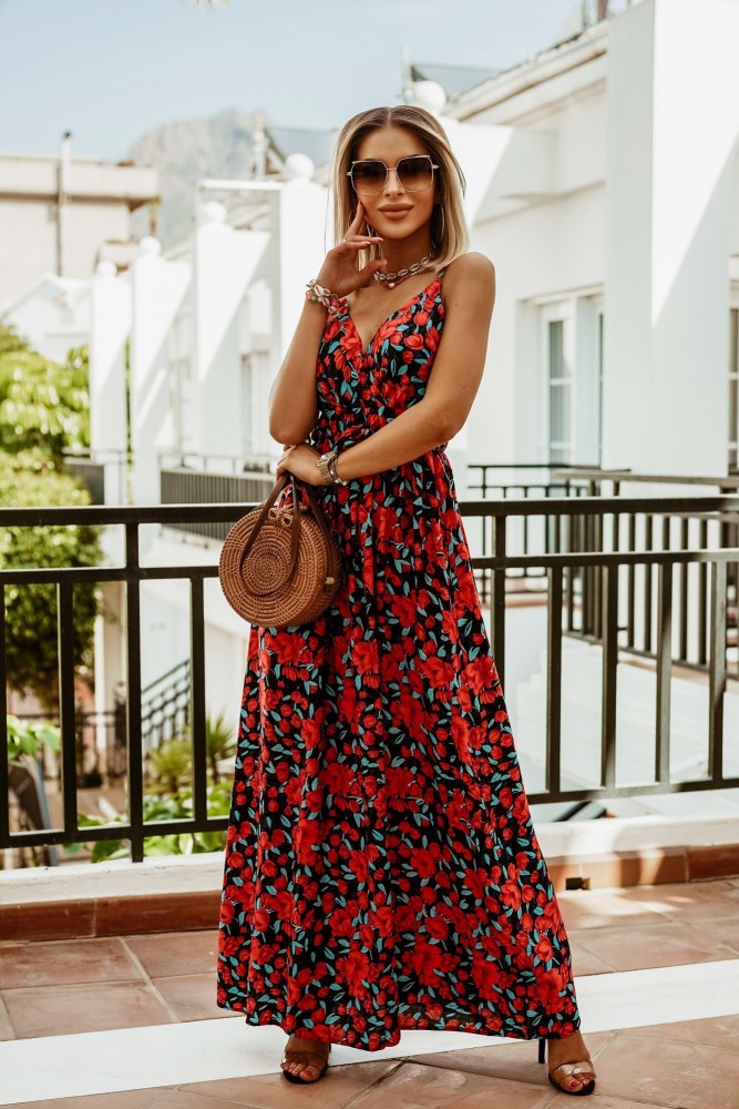 V-neck Sleeveless Suspender Print Boho Maxi Dress