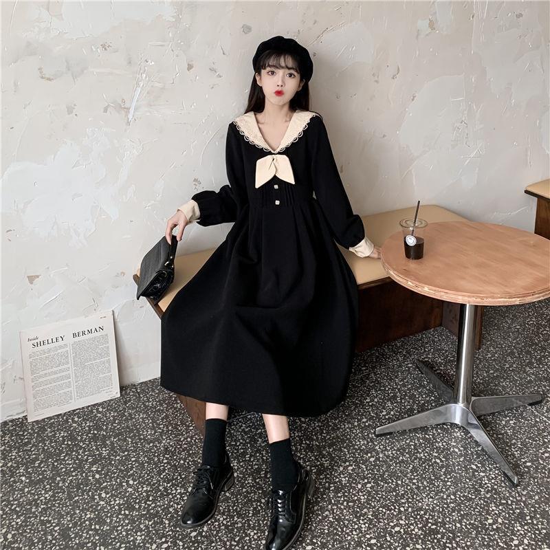 Retro Lace Dress Female Student Korean Style Waist Slim All-match Long Sleeves