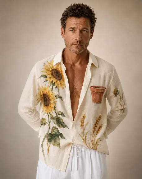 Sunflower & Wheat Print Oversized Shirt